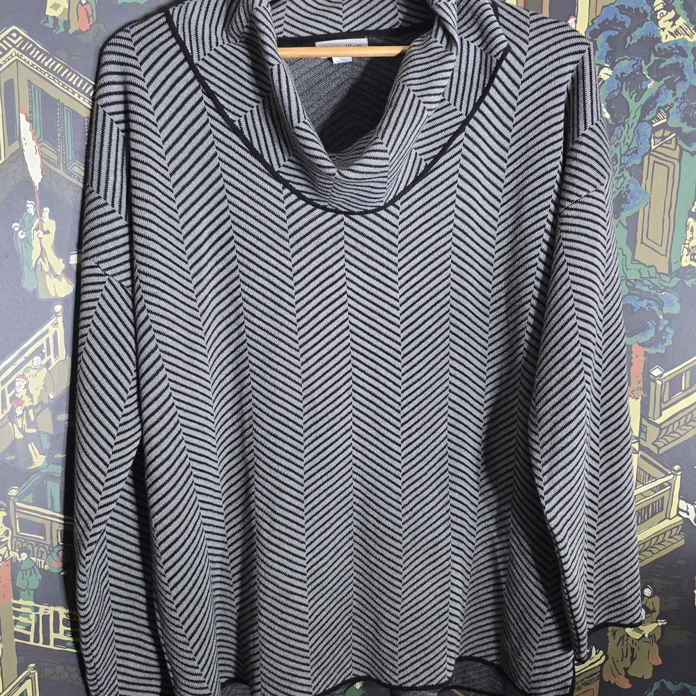 Calvin Klein Black and Gray Chevron Cowl Neck Sweater